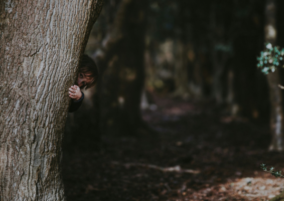 Bambino si nasconde dietro un albero