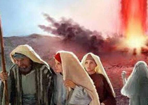 Lot e la famiglia escono da Sodoma mentre viene distrutta