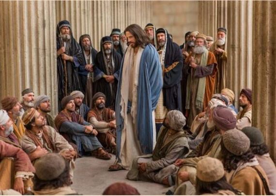 Gesù parla nel tempio tra popolo e farisei