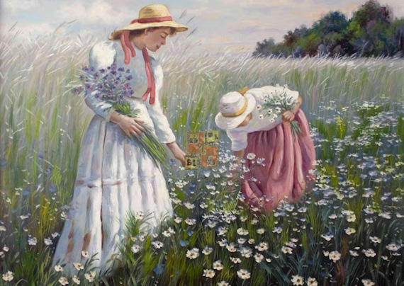 due donne raccolgono dei fiori in campi bellissimi