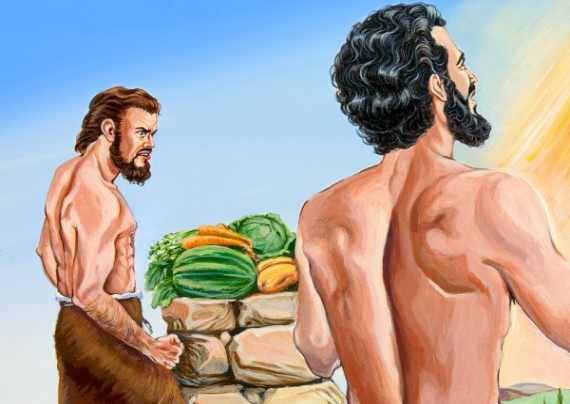 Caino e Abele offrono rispettivamente un sacrificio 